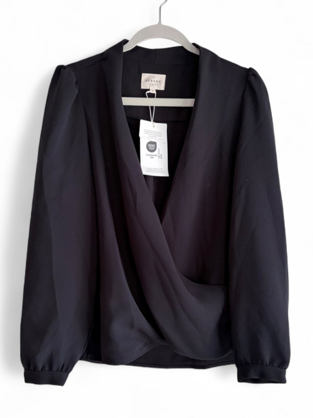 NEW Sezane Abelia Black Wrap Front Long Sleeve Blouse Size 42